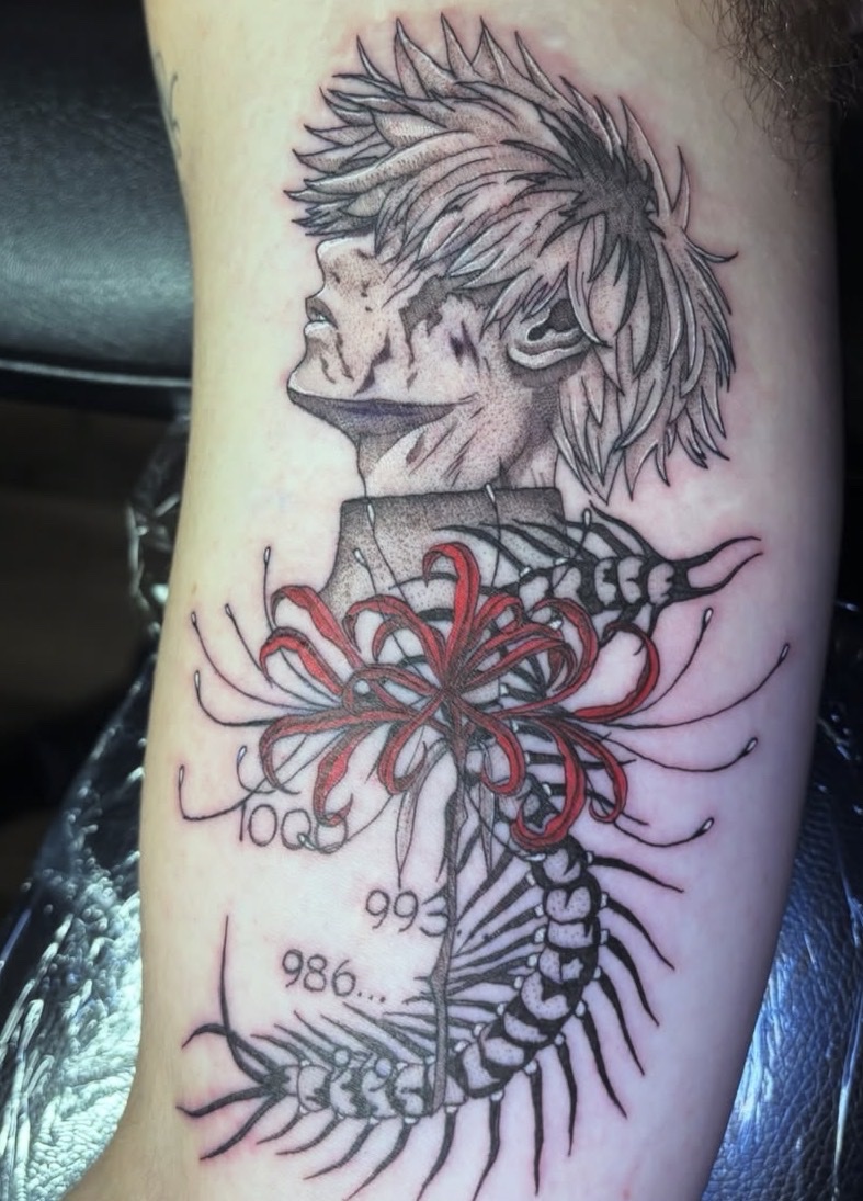 Anime style spider lily spine tattoo Austin TX