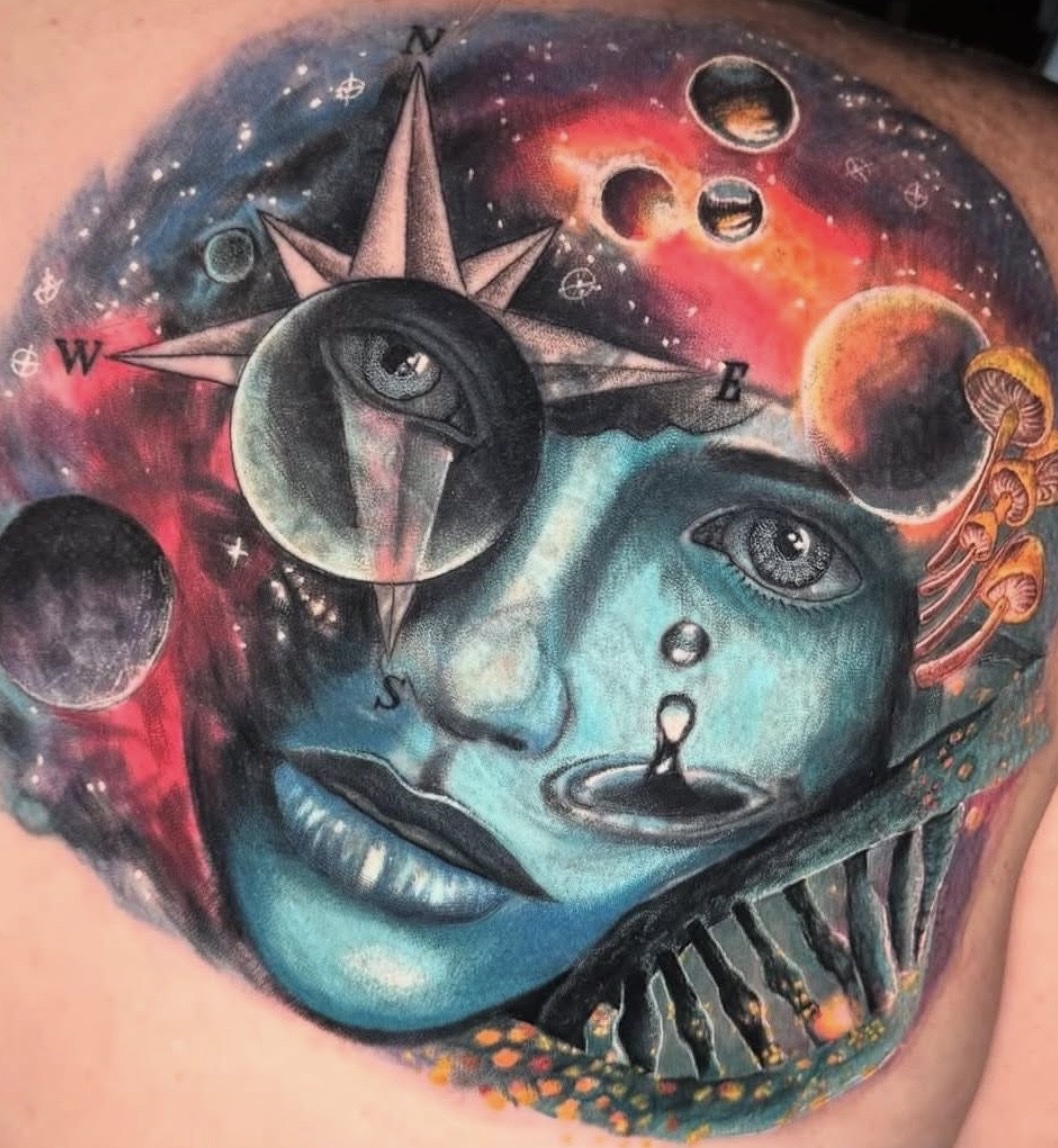 Custom surreal portrait tattoo by Stax at For the People Tattoo Austin TX