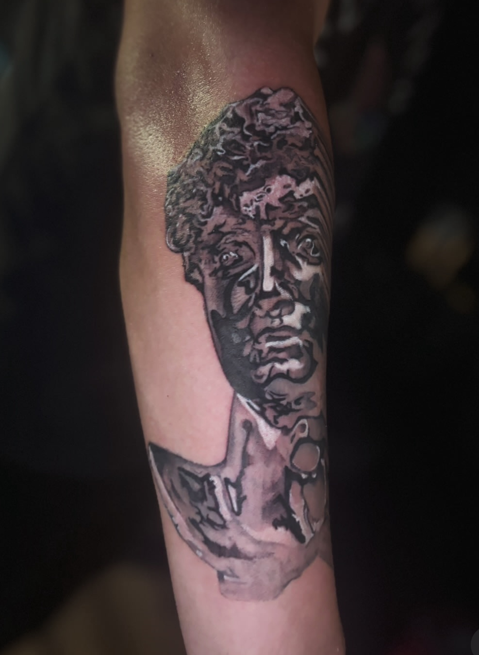 Dark realism marble statue portrait tattoo by Kiwi