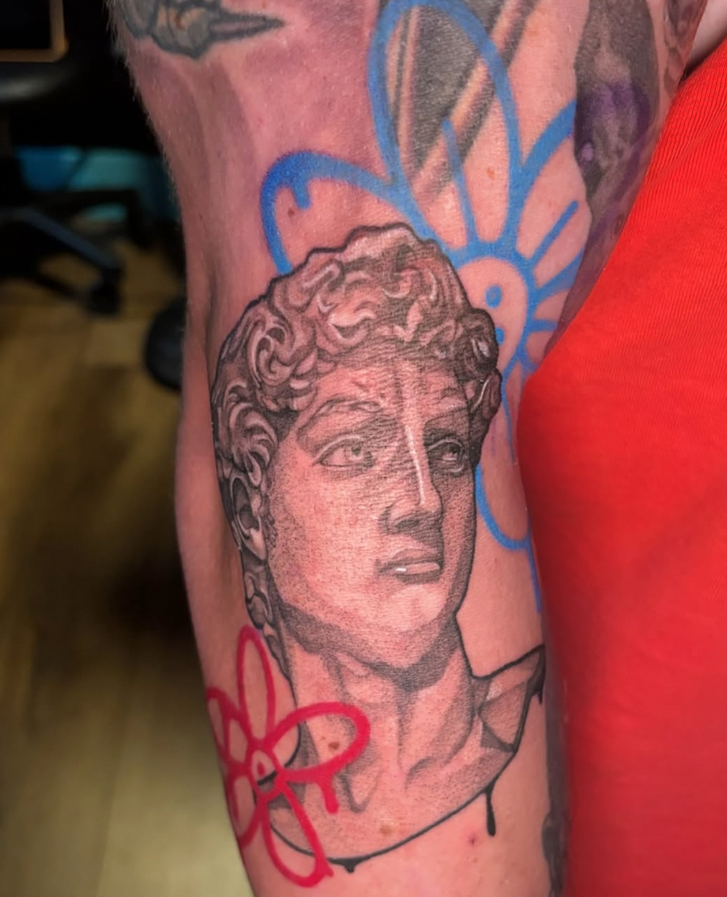 David statue with graffiti elements tattoo by Kiwi