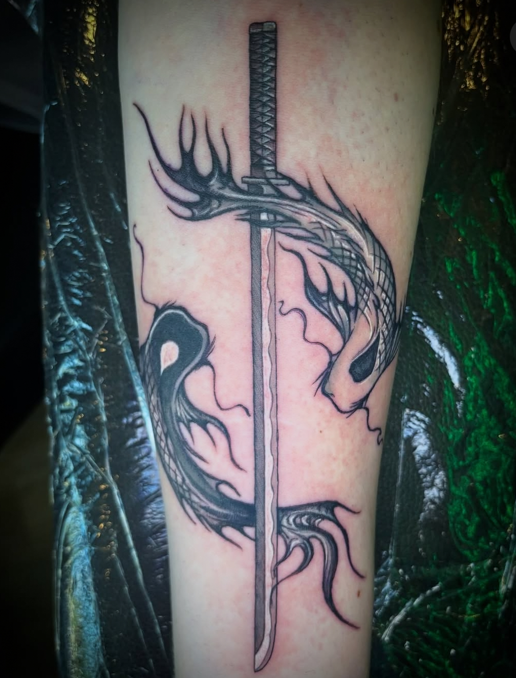 Dragon and katana sword tattoo by Kiwi