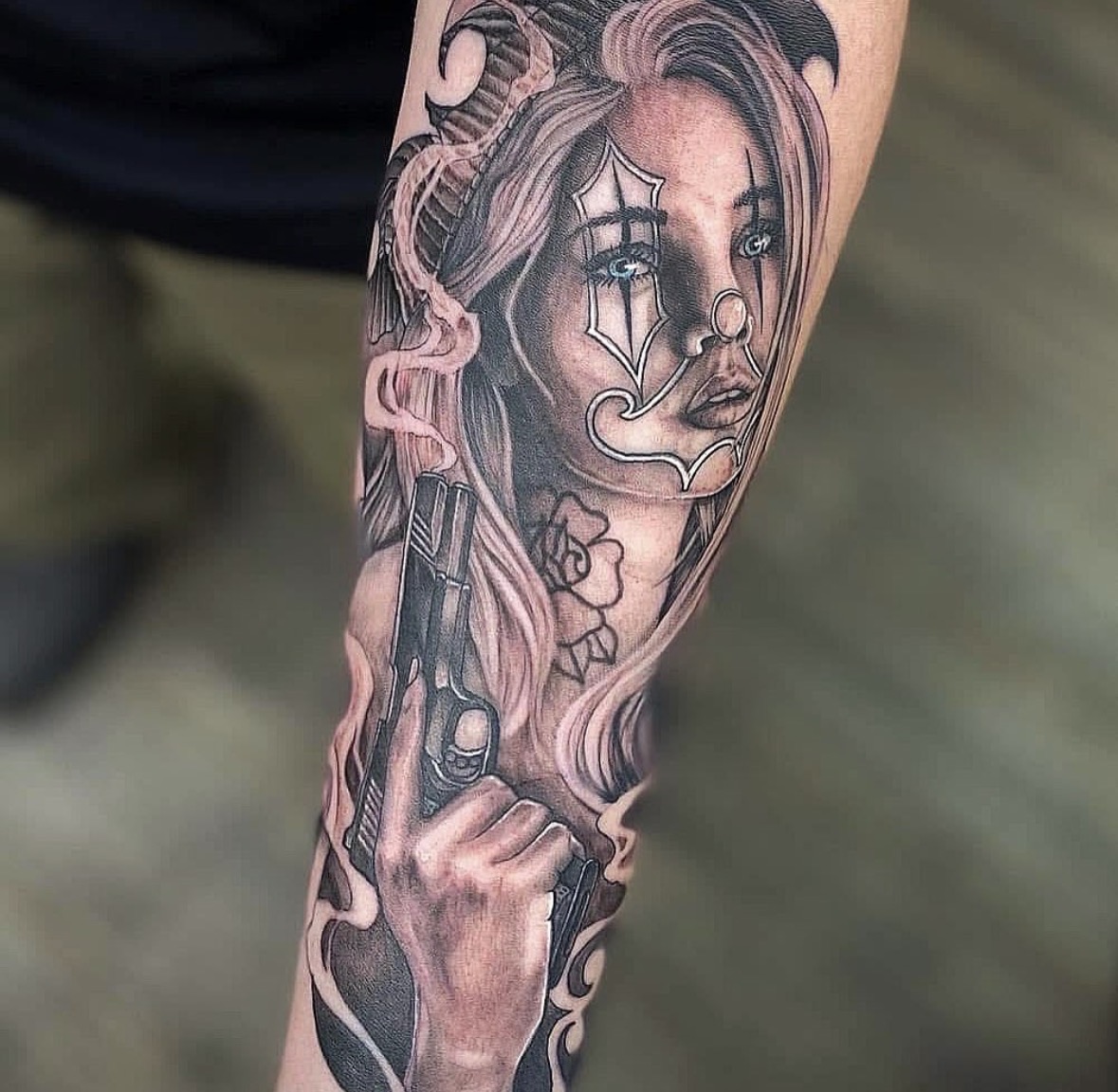 Chicano style portrait tattoo by Stax