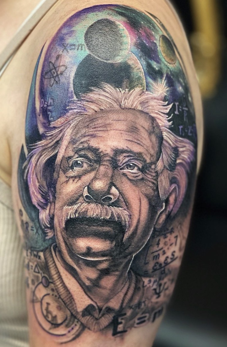 Einstein portrait tattoo with cosmic elements by Stax
