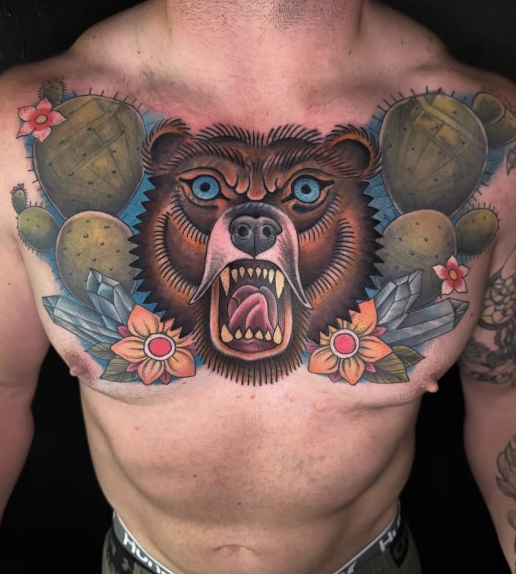 Neo-traditional bear chest piece tattoo by Stax